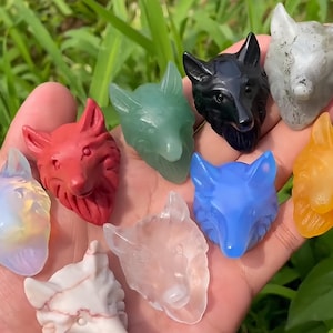 Può includere: Otto figurine di testa di lupo intagliate in varie pietre semipreziose. Le figurine sono di diversi colori, tra cui rosso, verde, blu, nero, bianco e arancione.