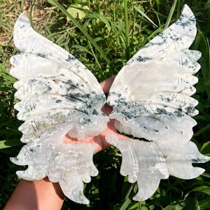 10.8&#39;&#39;A pair Natural Moss agate butterfly wing ,Quartz Crystal butterfly skull,Hand carved ,Home Decoration ,Crystal gifts,Crystal healing