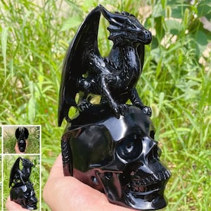 7,2 '' Natürlicher Obsidian-Drachenschädel, Kristallschädel, Handschnitzen, Quarzkristall-Drachenschädel, Dekoration, Kristallgeschenke, Kristallheilung