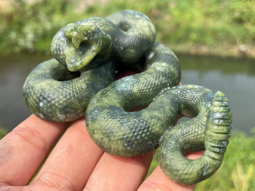 Natural Green Jade Rattlesnake Skull, Hand Carved Crystal Snake
