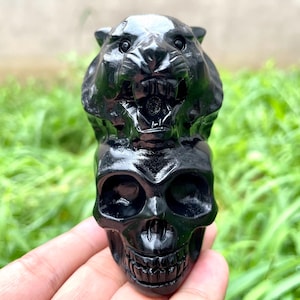 3.1&#39;&#39;+ Natural obsidian tiger ,Hand carved tiger skull,Crystal skull,Quartz Crystal tiger,Home Decoration Gifts,random 1pc