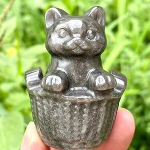 2.3&#39;&#39;+ Gato de obsidiana de plata natural, Cráneo de gato de cristal de cuarzo, Gato tallado a mano, Decoración del hogar, Regalos de cristal, Curación con cristal, 1pc aleatorio