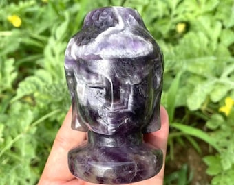 Cabeza de Buda de Amatista Natural de Ensueño: Calavera de Cristal Tallada a Mano (8,9 cm)