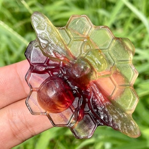 May include: A colourful glass bee figurine with a honeycomb design. The bee is red, yellow, and green, and the honeycomb is clear with a yellow tint. The figurine is approximately 5 cm tall.