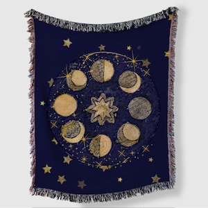 Celestial Moon Phases Woven Blanket - Cozy Throw for Stargazers | Blanket for Home Decor, Astrology Gift, Starry Night Accent, Beach Blanket