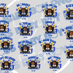 Puede incluir: Una colección de gráficos digitales con un bebé de dibujos animados con traje, corona y globos. Cada gráfico tiene un título diferente, como "Birthday Boss", "Mamá", "Hermana" y "Mejor amigo". También se incluye el número "1".