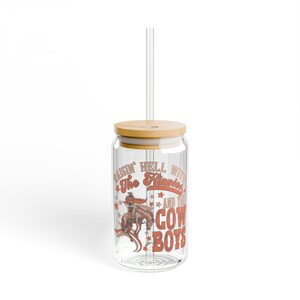 Raisn&#39; Hell With The Hippies and Cowboys Glass Tumbler | Iced Coffee Glass | Cowgirl Iced Coffee Glass | Cowgirl Iced Coffee Cup | 160z