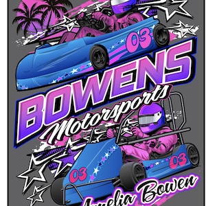 Pode incluir: Um design gráfico rosa e azul com dois karts com o texto "BOWENS Motorsports" e "Amelia Bowen" em um fundo cinza.