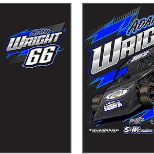 May include: Black background with a stylized race car illustration. The car is gray and blue, with the number 66 prominently displayed. The name "Adam Wright" is above the car in silver and blue. Logos of sponsors are at the bottom.