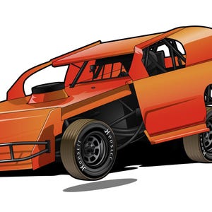 Pode incluir: Ilustração de um carro de corrida laranja e vermelho. O veículo tem um design aerodinâmico, pneus grandes e uma gaiola de proteção. O carro está em um fundo branco, com uma sombra por baixo.