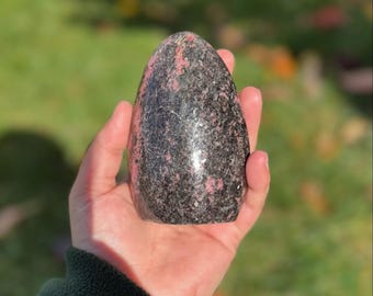 Può includere: Una pietra preziosa lucidata di colore grigio scuro e rosa, di forma ovale e liscia. La pietra ha un aspetto maculato con macchie rosa e bianche.