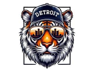 May include: A tiger wearing a blue baseball cap with the word "DETROIT" on it and sunglasses with a cityscape reflected in the lenses.