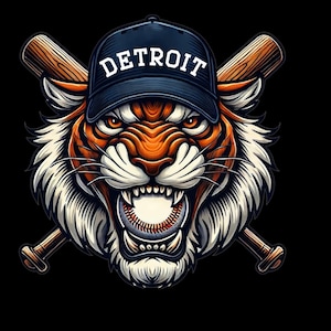 May include: A fierce tiger wearing a blue baseball cap with "DETROIT" written in white. The tiger is holding a baseball in its mouth and two crossed baseball bats are behind it.