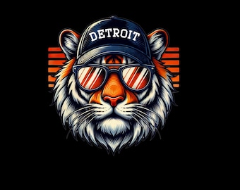 May include: A tiger wearing sunglasses and a blue baseball cap with the word "DETROIT" in white letters. The tiger has orange and black stripes and a white face. The background is black with orange and white stripes.