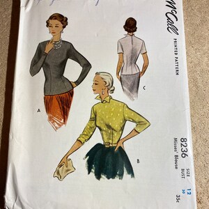 Vintage McCall&#39;s 1950 Misses Blouse Pattern 8236 Size 12