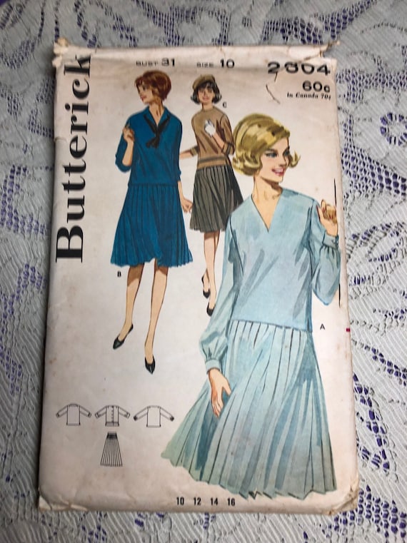 Vintage Butterick Pattern number 2804 size 10 bust 31 inches Misses size 2  piece dress Pleated skirt