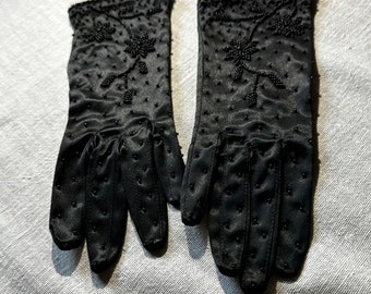 Vintage Black Stretchy Satin Gloves Small