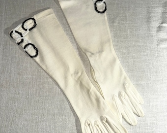 Vintage Beaded White Long Stretchy Mid-length Gloves Small Medium