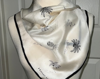 Vintage Silk Square Off White and Black Scarf by Hanae Mori