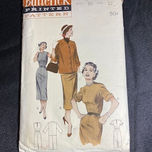 May include: Vintage sewing pattern for a dress, featuring a woman wearing a brown dress with a white collar and a woman wearing a gray dress. The pattern is from Butterick, size 12, bust 30, and costs 50 cents.
