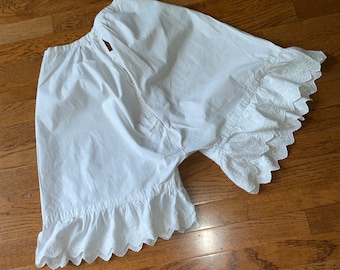Antique White Cotton Bloomers or Pantaloons with Hand Embroidery at the Bottom