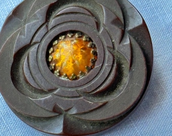 Antique Brown Bakelite Coat Button with Glass Center