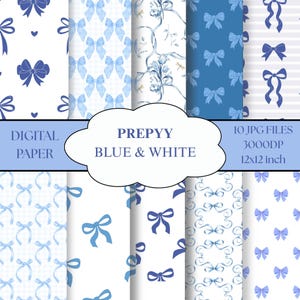 Blue Toile Digital Paper Set – Coquette Bows & Preppy Patterns, Baby Shower Scrapbook Paper, Blue and White Printable Backgrounds