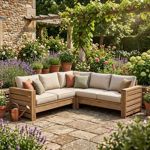May include: An L-shaped outdoor sectional sofa constructed from light brown wood slats, featuring thick beige cushions and several accent pillows in shades of sage green and terracotta, positioned on a stone patio in a garden setting.