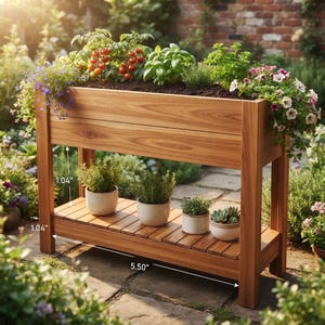 Puede incluir: Un macetero elevado de madera rectangular con un estante inferior que sostiene cuatro pequeñas macetas de cerámica blanca con plantas verdes. La estructura muestra medidas visibles de 2,64 cm y 13,97 cm. El lecho superior contiene tierra, plantas de tomate, albahaca y flores moradas y blancas.