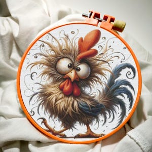 Funny Crazy Rooster Embroidery Pattern – Digital Download Chicken Cross Stitch Design – Whimsical Farm Animal Needlework Hoop Art