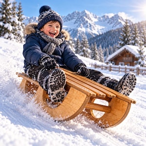 Puede incluir: Un trineo de madera con patines curvos que transporta a un niño con una chaqueta acolchada azul marino, pantalones negros, guantes negros, bufanda gris y un gorro de punto azul marino con pompón, deslizándose por una colina nevada en la montaña.