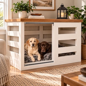 Op de afbeelding: Een wit houten hondenbenchmeubel met een blad van natuurlijk hout, voorzien van een schuifdeur en horizontale latten. Binnenin rusten een gele Labrador en een chocoladebruine Labrador op een zacht grijs kussen in de bench.