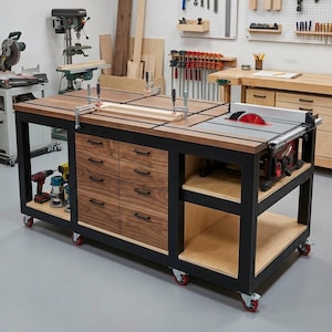 May include: A large mobile workbench featuring a dark walnut wood top and a black metal frame with locking red casters. The unit includes six central drawers with black handles, open shelving on the right, and a built-in table saw with a red blade.