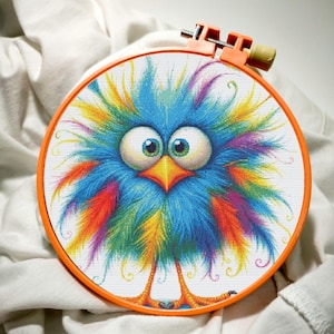 Rainbow Fluffy Bird Cross Stitch Pattern – Funny Colorful Bird Embroidery PDF, DIY Modern Needlepoint, Instant Download Wall Art