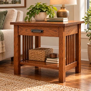 May include: A medium-brown wooden end table featuring a single drawer with a dark metal handle, four square legs, and a lower shelf. The table has vertical slat detailing on the sides and is constructed with a sturdy, rectangular frame.
