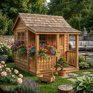 Puede incluir: Una casita de madera con techo de tejas, un porche delantero y jardineras llenas de flores coloridas. Un pequeño carro de madera se encuentra sobre el césped frente al porche y un bonsái en maceta descansa en la terraza de madera de la estructura.
