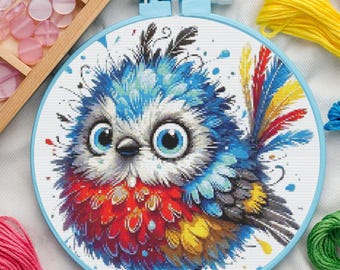 Blue Bird Cross Stitch Pattern – Modern Colorful Embroidery (PDF)