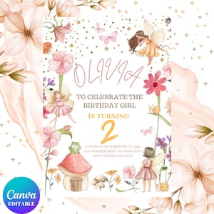 Editable Fairy Birthday Invitation Whimsical Enchanted Pixie Fairy Party Magical Floral Fairy Princess Party , Download Editable - CANVA-