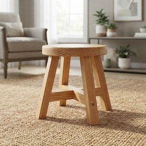 May include: A round wooden stool with a natural light brown grain finish, featuring four sturdy angled legs connected by a central cross-brace support structure. The stool has a smooth, circular top surface and a simple, functional design.
