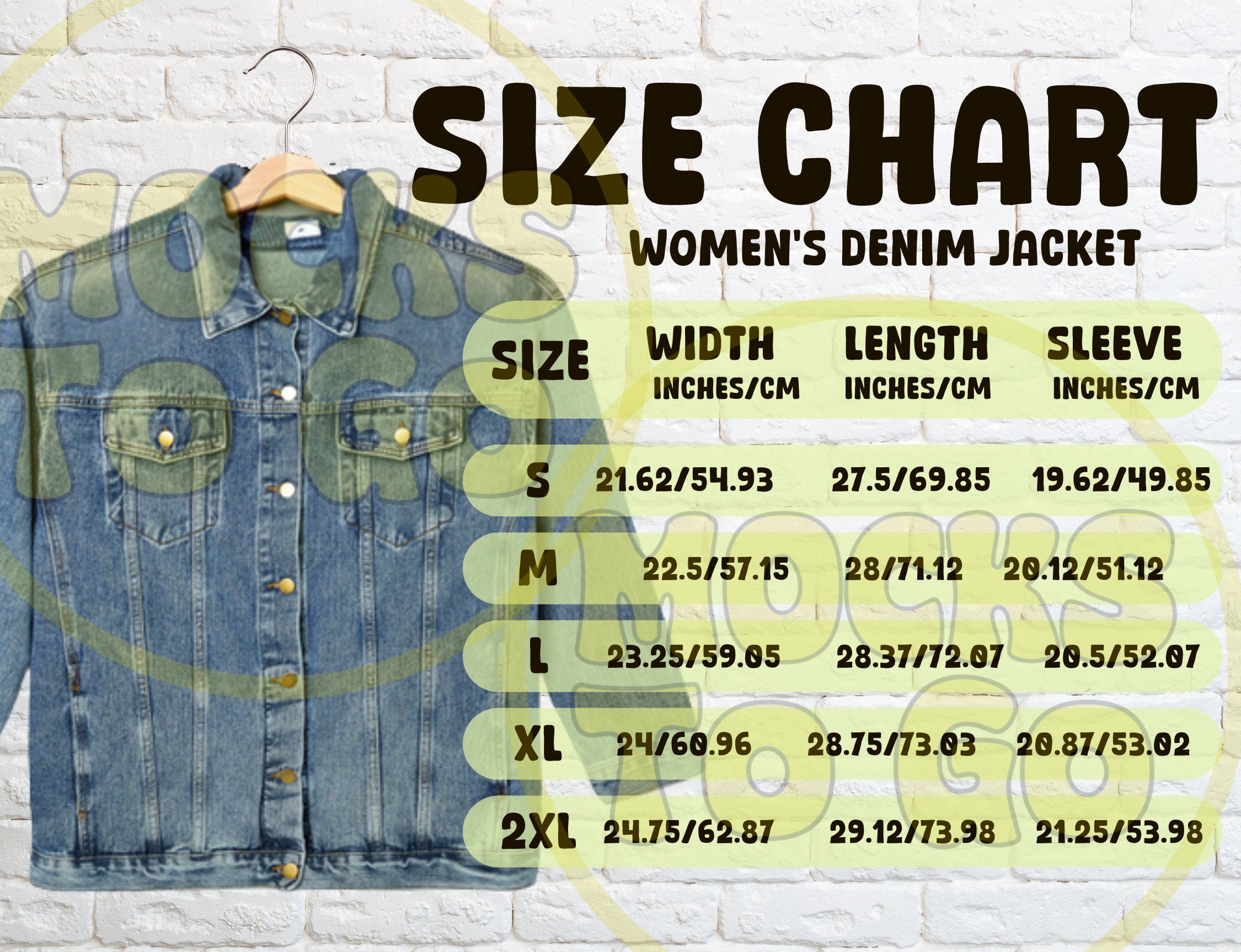MWW Women's Denim Jacket Size Chart, Inches Centimeters, MWW on
