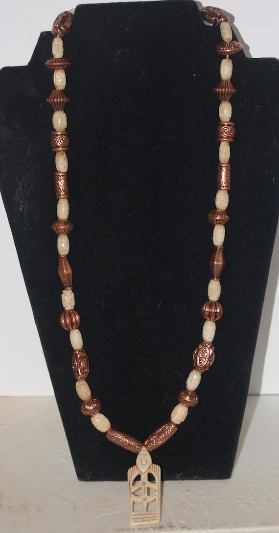 Carved Bone & Copper Foil Necklace with Rosin Beads