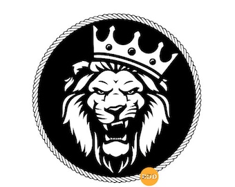 May include: Black and white illustration of a lion's head wearing a crown inside a rope circle. The lion has a fierce expression and is roaring.