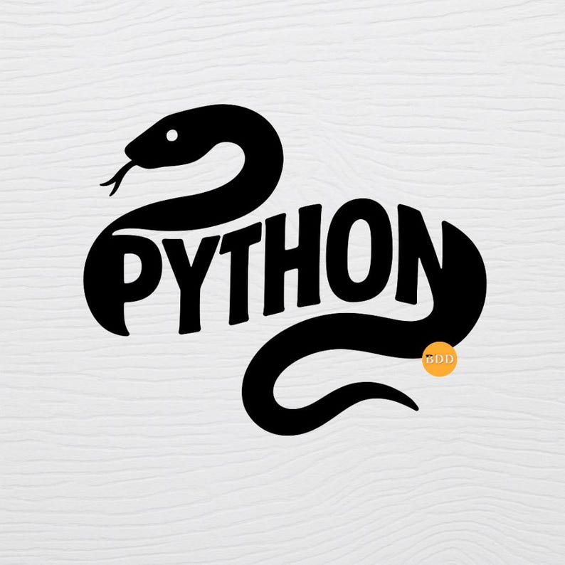 May include: Black graphic of a snake forming the word "PYTHON" on a white background. The snake's head is at the top left, with its tongue extended. A small orange circle with the letters "BDD" is at the bottom right.