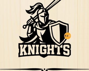 May include: Black and white graphic of a knight in armor, holding a sword and shield. The word "KNIGHT'S" is below the knight. The image also includes the words "SVG" and "PNG".