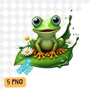 Frog PNG, Woods Forest Animals Frog PNG, Frog Daisy Flowers Water Lilies Sublimation Frog Printable Cute Aquatic Animals