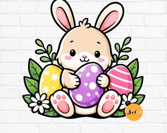 Cute Easter Bunny Clipart PNG, Floral Bunny with Eggs, Spring Pastel Bunny SVG, Easter Basket Bunny, Instant Download