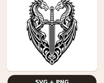 Twin Dragon Sword SVG, Medieval Fantasy Crest PNG Clipart, Digital Cut File