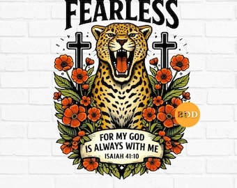 Leopardo intrépido SVG, diseño de fe cristiana, versículo bíblico Isaías 41:10, cruz floral religiosa PNG, estampado para sublimación de camisetas