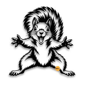 May include: A black and white graphic illustration of a squirrel with a large, bushy tail, standing with its arms outstretched and mouth open in a wide grin. The design features bold, high-contrast lines and a small orange circular logo with BDS text.