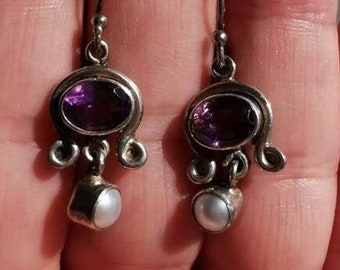 Beautiful 925 Silver Amethyst Pearl Dangle Drop Earrings 3.5 cm Long 4.8 Grams